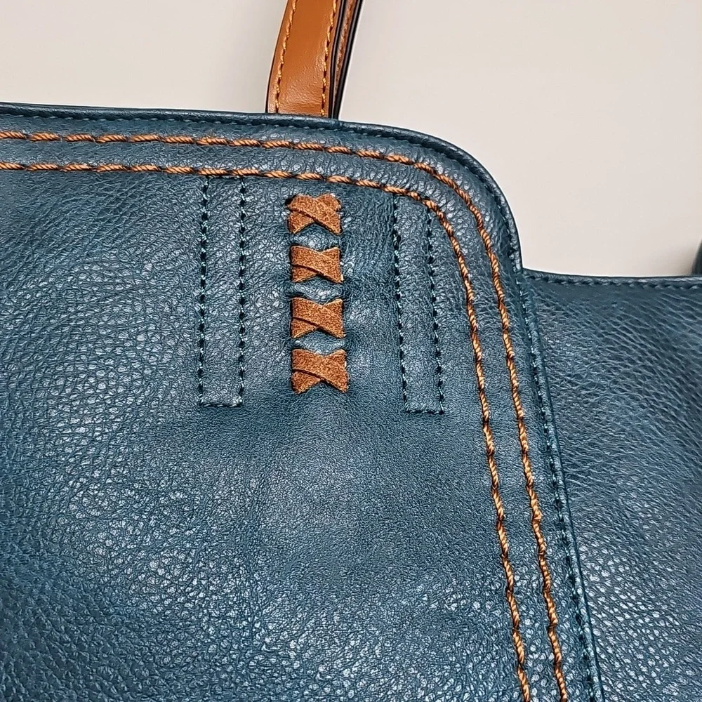 Montana West Teal & Brown Faux Leather Tote Bag, Spacious With Zipper Closure - Picture 2 of 10